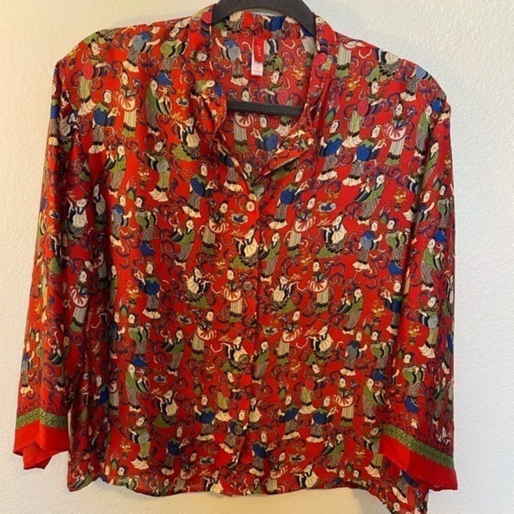 Josie Natori Red Asian Novelty Print Button Down Blouse Top SZ S - Picture 1 of 9